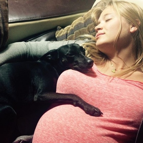 Donna incinta dorme con il suo cane.