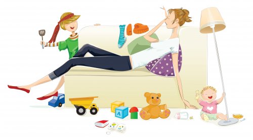 Stress da ipervigilanza: mamma sfinita sul divano.