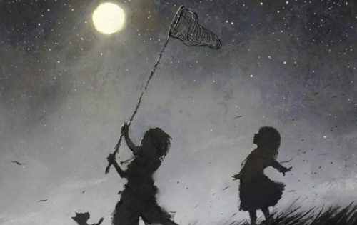 Un bambino felice gioca a catturare la luna con un retino