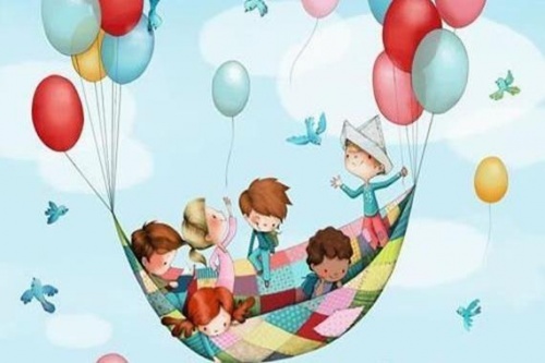 Bambini felici volano con palloncini colorati (illustrazione).