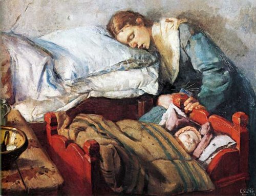 Madre stanca e figlio in un dipinto.