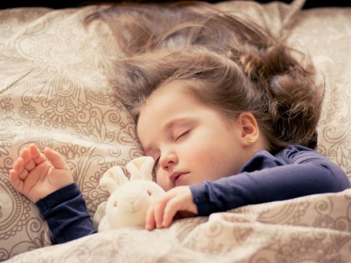 Bambina che dorme con un peluche