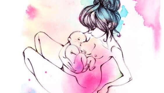 Una madre allatta al seno il neonato.