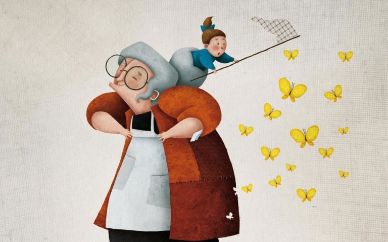 Nonna e nipotina con retino per farfalle.