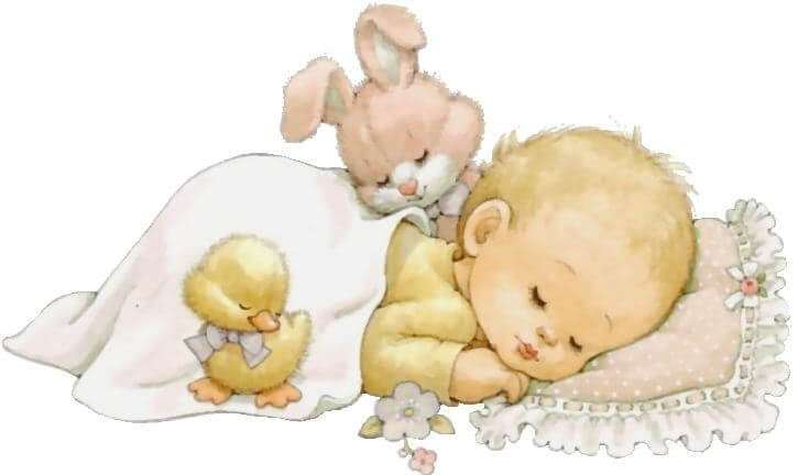 Bimbo dorme con un papero e un coniglietto.