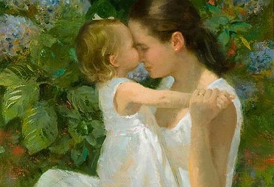 Mamma e figlia abbracciate in un dipinto.