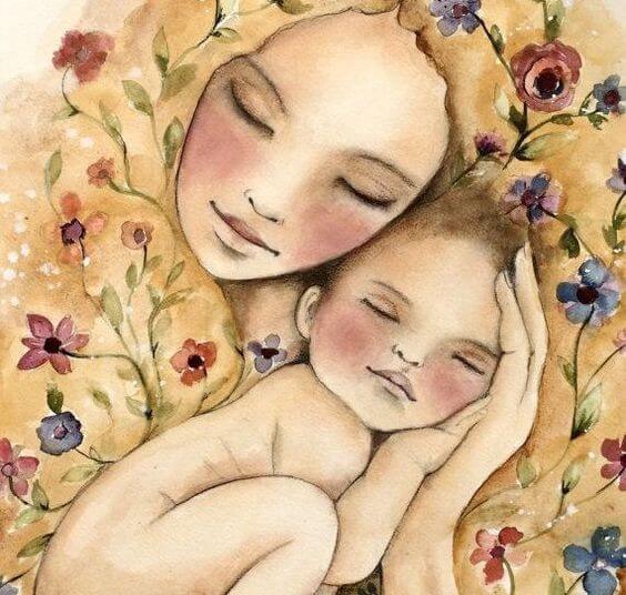Madre e figlio abbracciati in un dipinto.