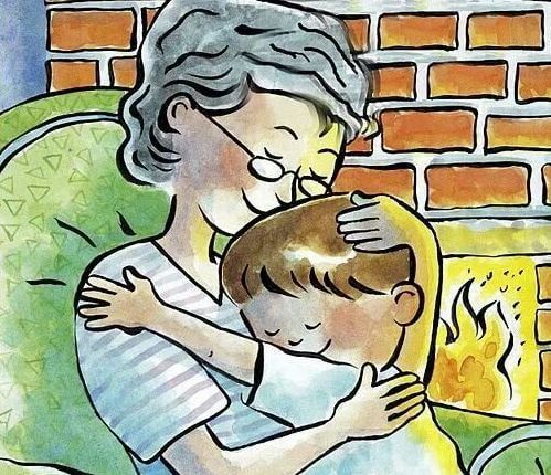 Disegno di una nonna in poltrona con in braccio il nipotino di fronte al caminetto.