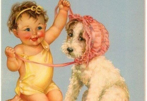 Bambina che mette la cuffia al cane