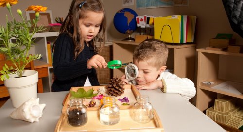 Bambini guardano attraverso la lente d'ingrandimento.
