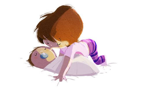 Il primo figlio si prende cura del secondo e gli insegna tutto ciò che sa