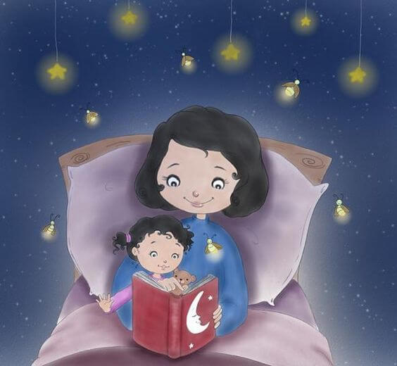 Una mamma in carriera legge una favola a sua figlia.