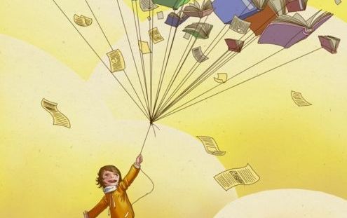 Un bambino fa volare dei libri al posto dei palloncini.