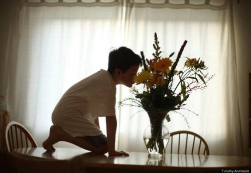 Bambino autistico annusa il profumo dei fiori
