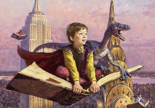 bambino che vola sopra ad un libro con drago 