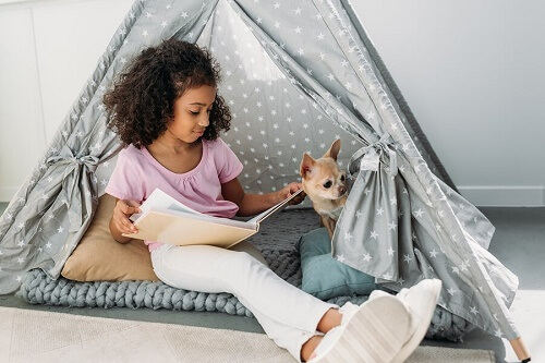 bambina di colore su amaca legge libro con chihuahua accanto