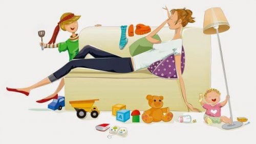 Madre esausta stremata sul divano