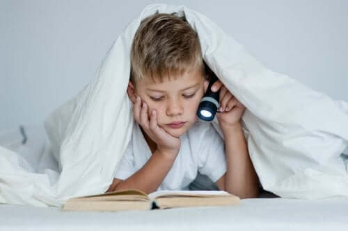 Bambino che studia a letto con la torcia