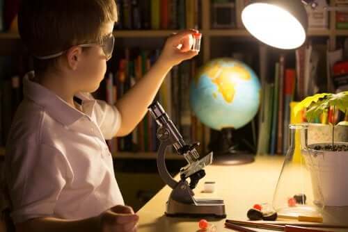 la teoria dell'esperienza dell'apprendimento bambino che studia col microscopio.