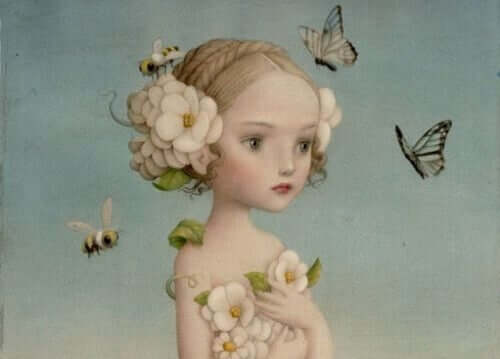 disegno bambina con fiori e farfalle