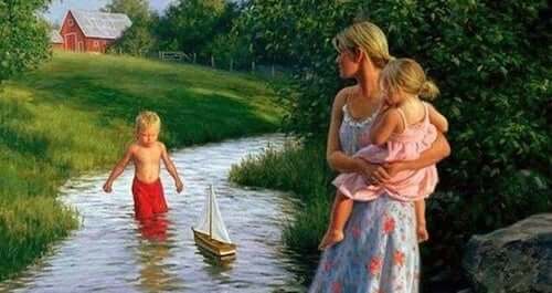 madre con i figli in campagna