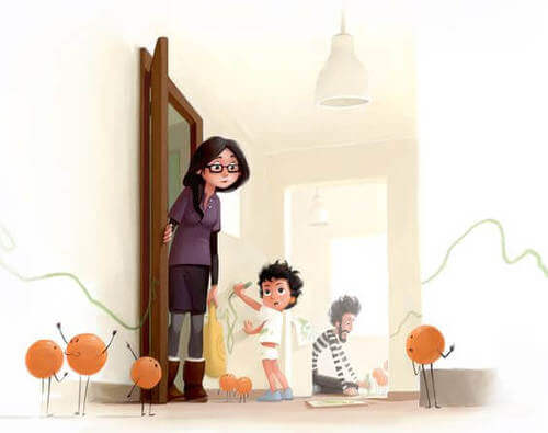 Mamma e figlio con papà sullo sfondo