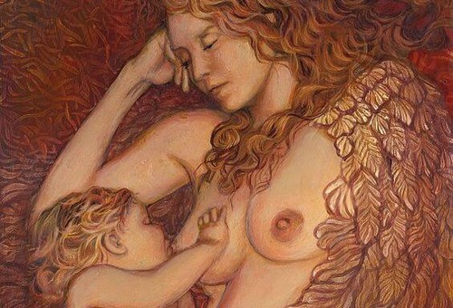 Effetto calmante dell'allattamento. Disegno di un neonato che prende il seno dalla madre.