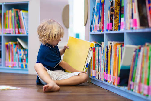 Dall'asilo alla scuola primaria. Bambino che prende un libro dalla libreria della scuola.