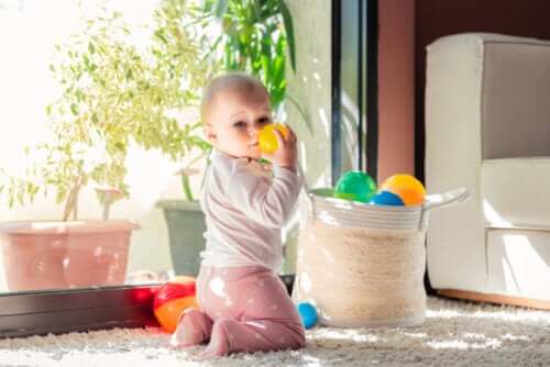 Fasi dello sviluppo del bambino. Bambino che gioca con delle palle contenute in una cesta.