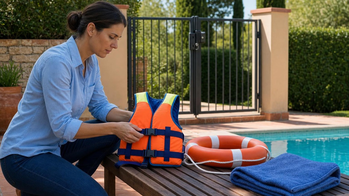 Donna controlla un giubbotto galleggiante accanto a una piscina con cancello chiuso