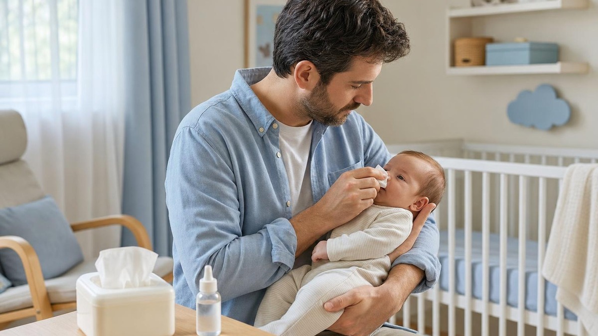 Padre che pulisce con delicatezza il naso del neonato tenendolo in braccio